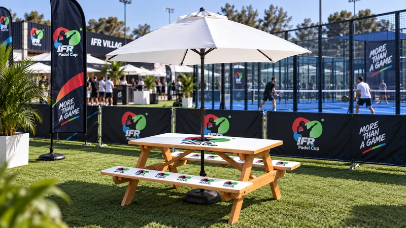 Branded picnic table and umbrella beside the padel courts