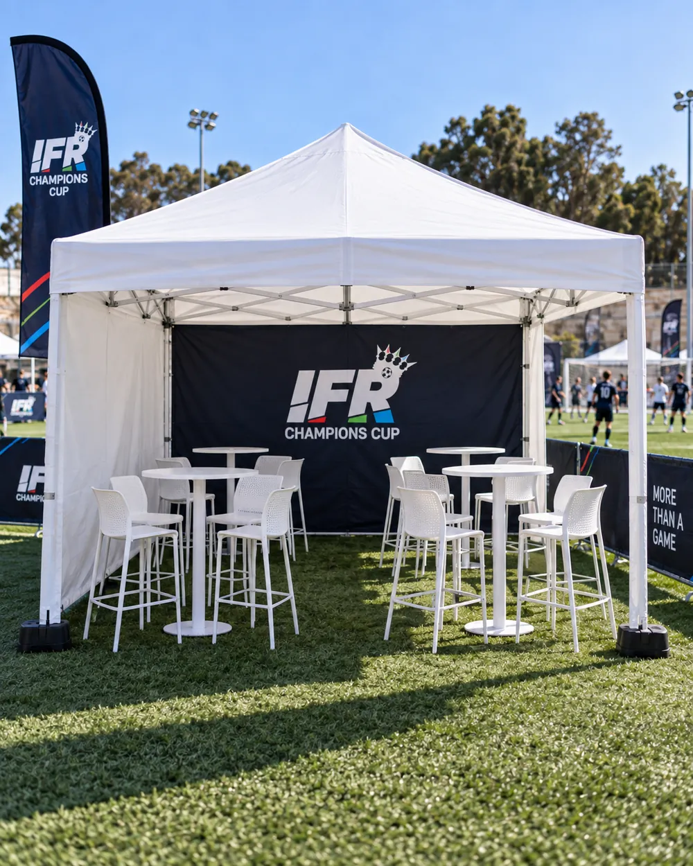 Concept of a four-metre branded gazebo with tables and chairs