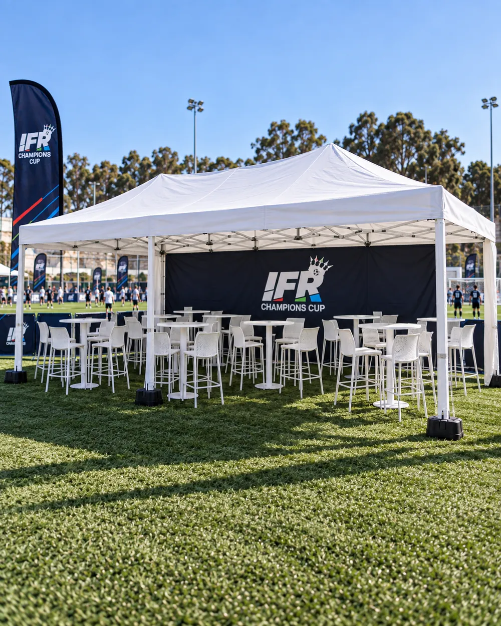 Concept of an eight-metre branded gazebo with tables and chairs