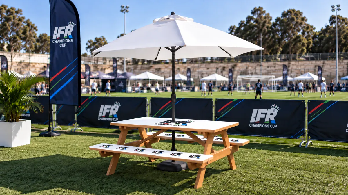 Concept of a branded picnic table and umbrella