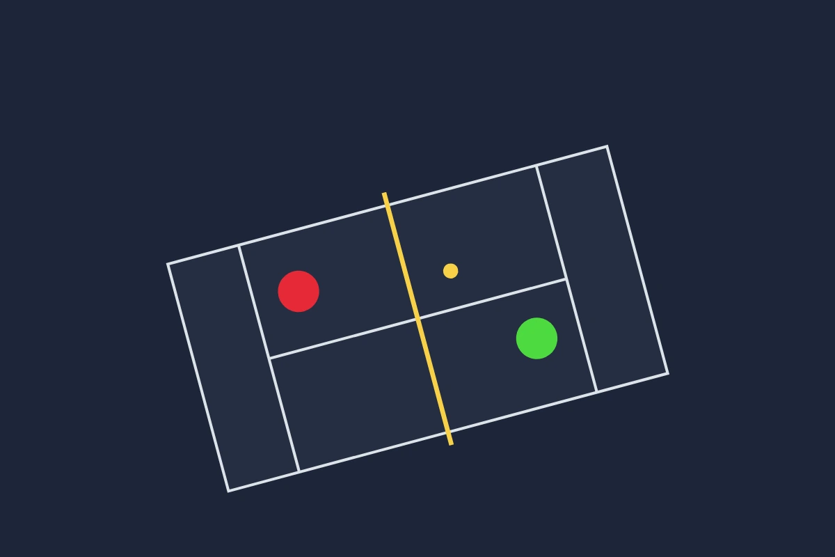Illustration of a padel court with two opposing players and a yellow ball